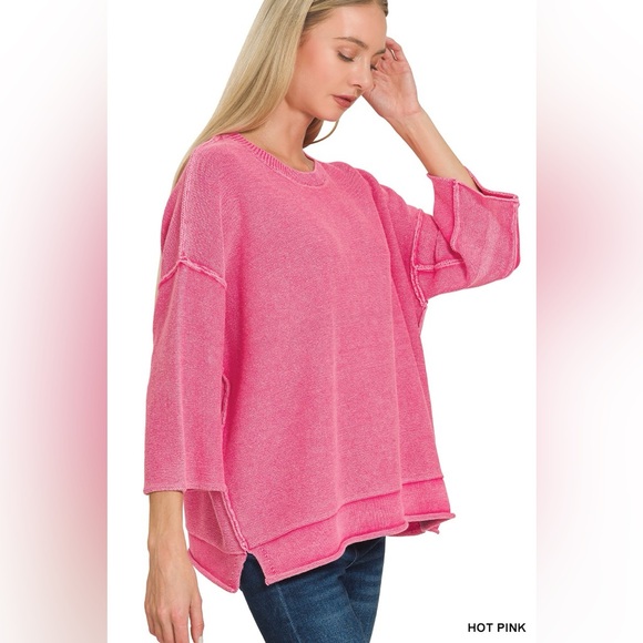 Zenana Washed 3/4 Sleeve Boxy Sweater - Picture 2 of 4